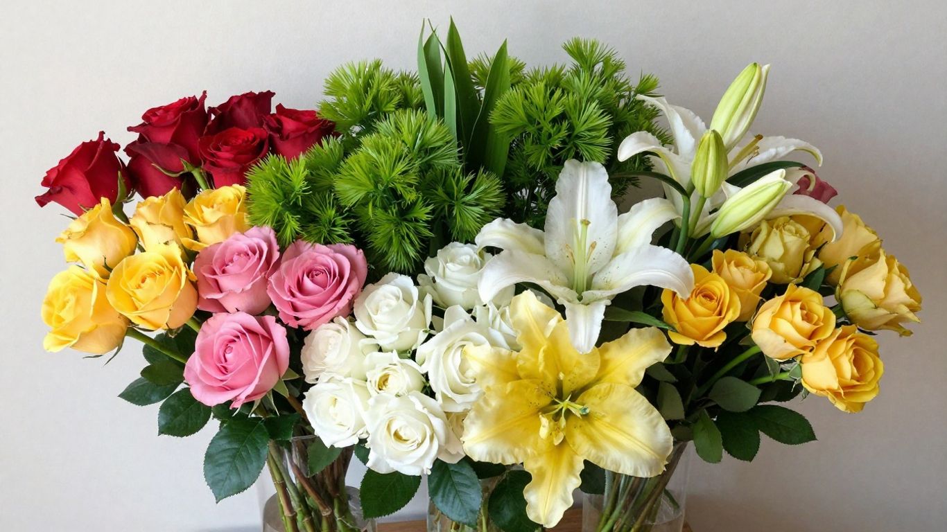 Beautiful floral arrangement with roses, lilies, and tulips.