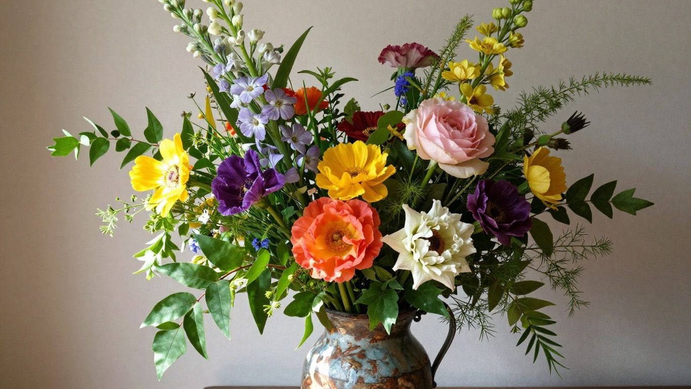 Eco-friendly flower arrangement with local, seasonal blooms.