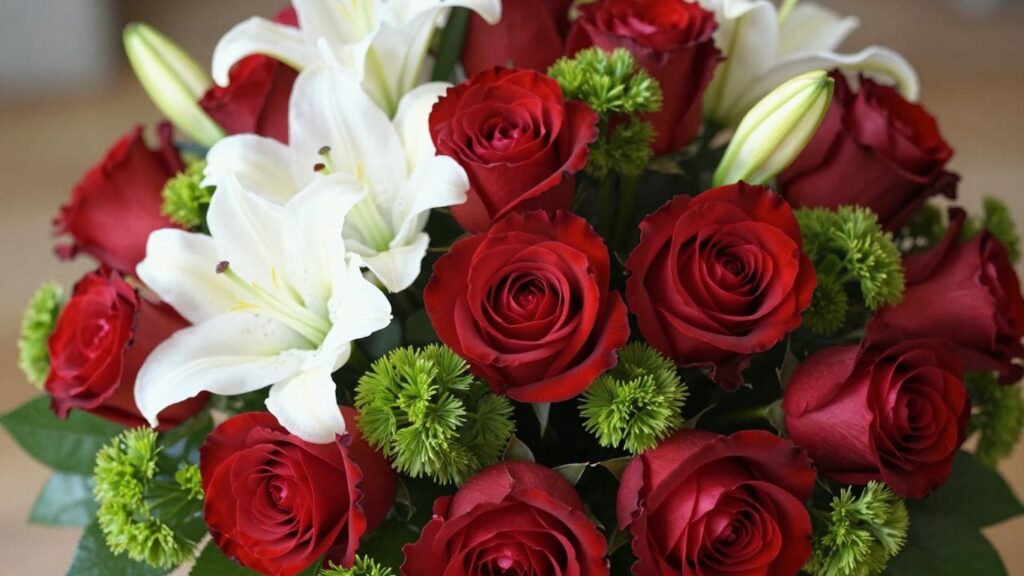 Beautiful floral arrangement with roses and lilies.