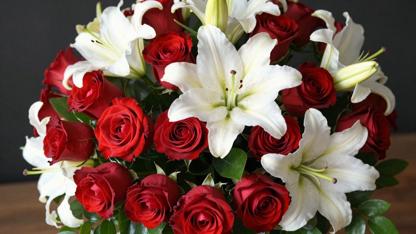 Stunning floral bouquet with roses and lilies.