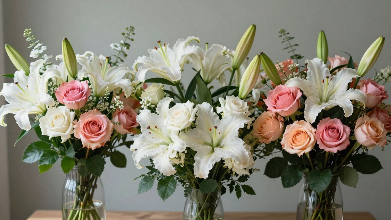 Anniversary flower bouquet with roses and lilies.